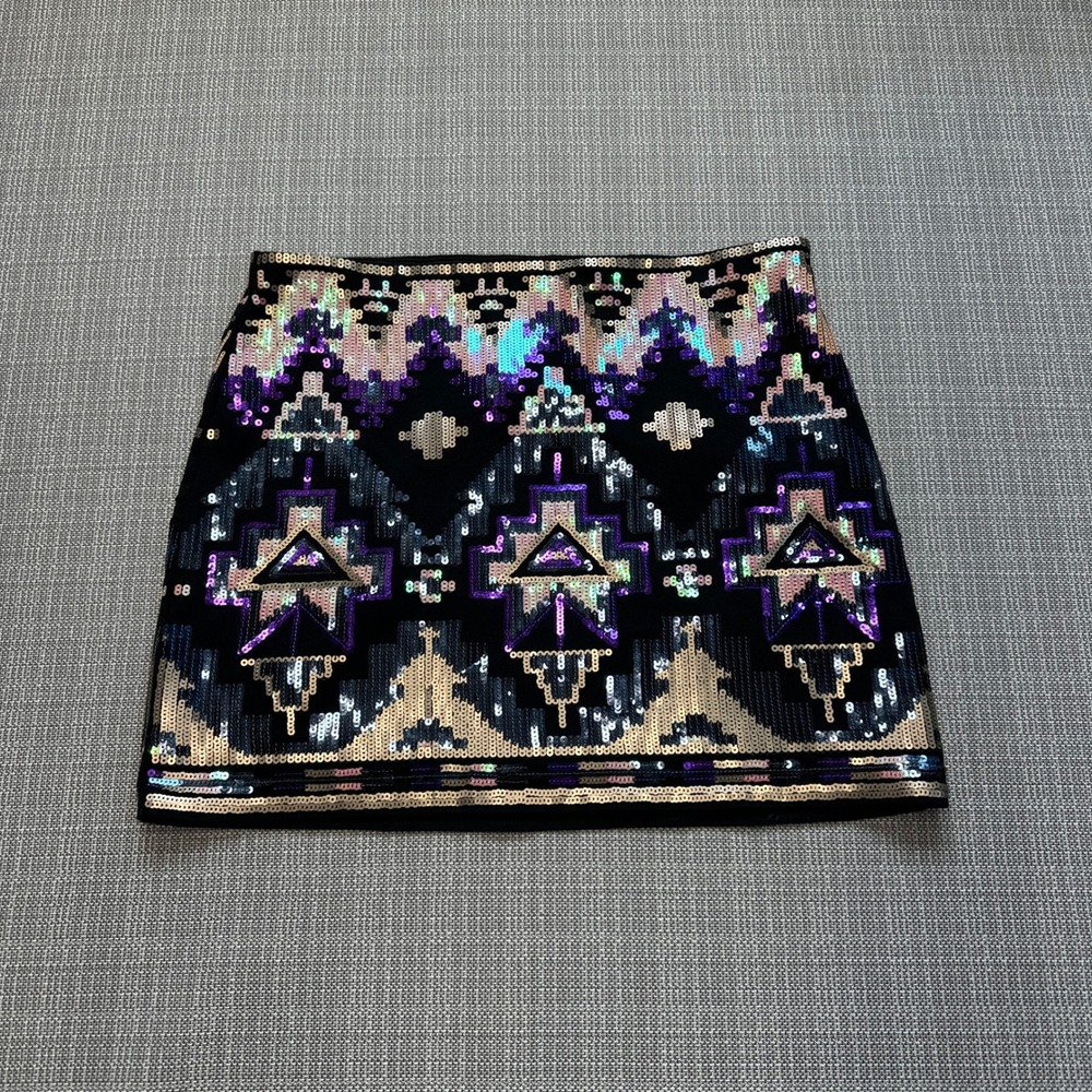 Y2K Sequin Mini Skirt XS Indie Sleaze Gold Purple Aztec Festival Statement